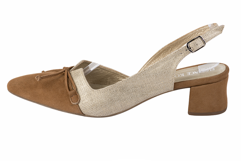 Caramel brown and gold women's open back shoes, with a knot. Tapered toe. Low flare heels. Profile view - Florence KOOIJMAN